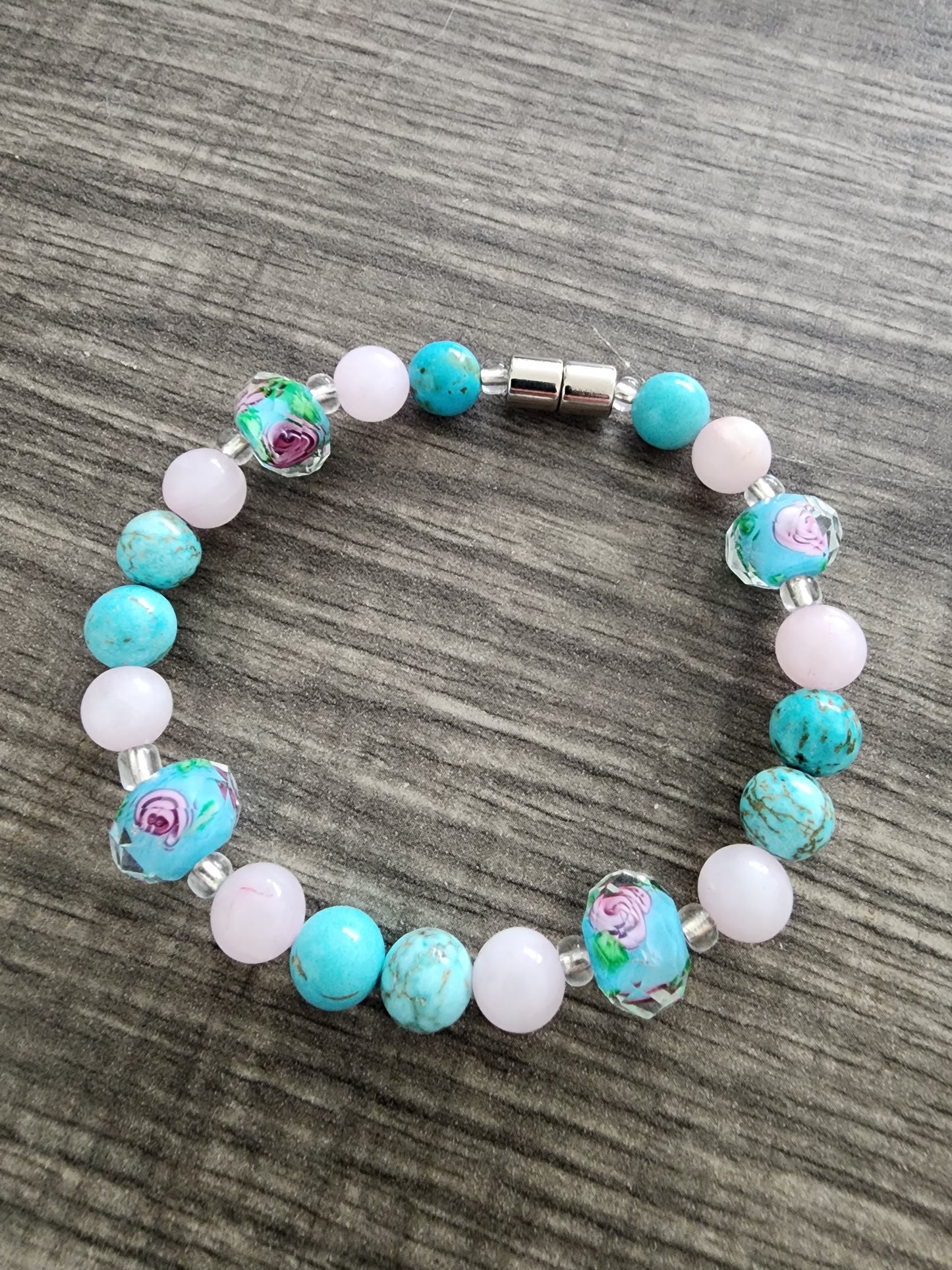 8" Rose Quartz and Turquoise Bracelet
