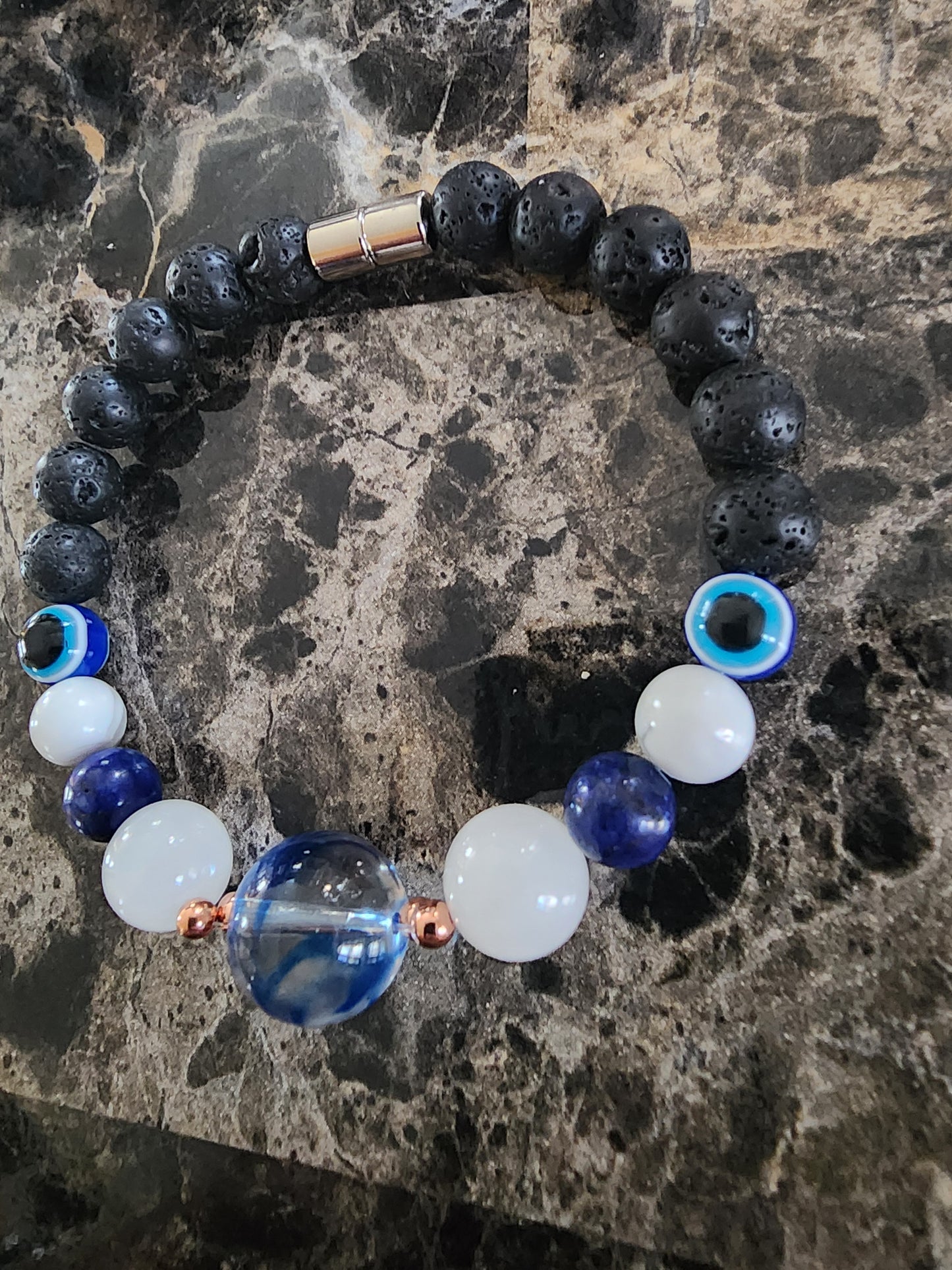 8" Crystal Ball, White Jade, Lapis Lazuli, Copper, Howlite, Evil Eye Protection, Black Lava Beads Bracelet