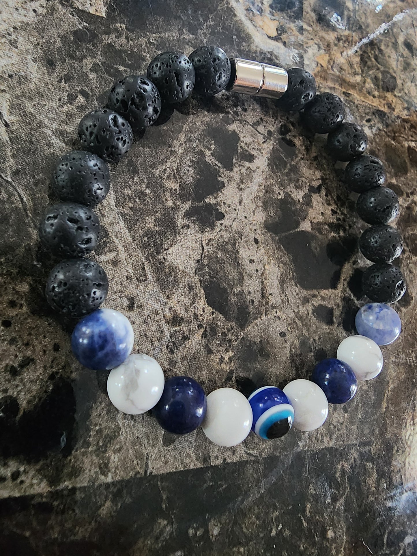 8" Sodalite, Lapis Lazuli, Howlite, Evil Eye Protection, Black Lava Beads Bracelet