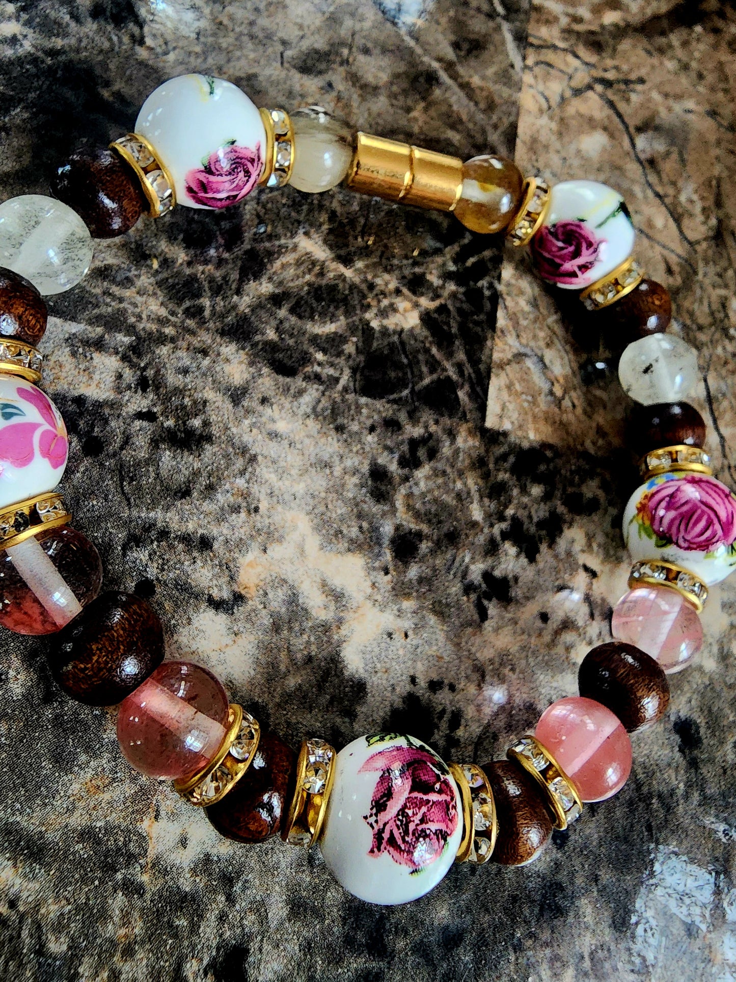 Cherry Quartz, Rose, Wood and Gold Accented Bracelet
