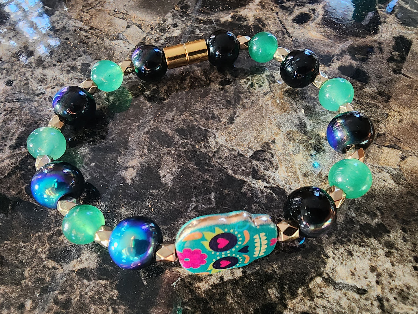 8" Green Aventurine Sugar Skull Bracelet with Aura Beads and Gold Accents