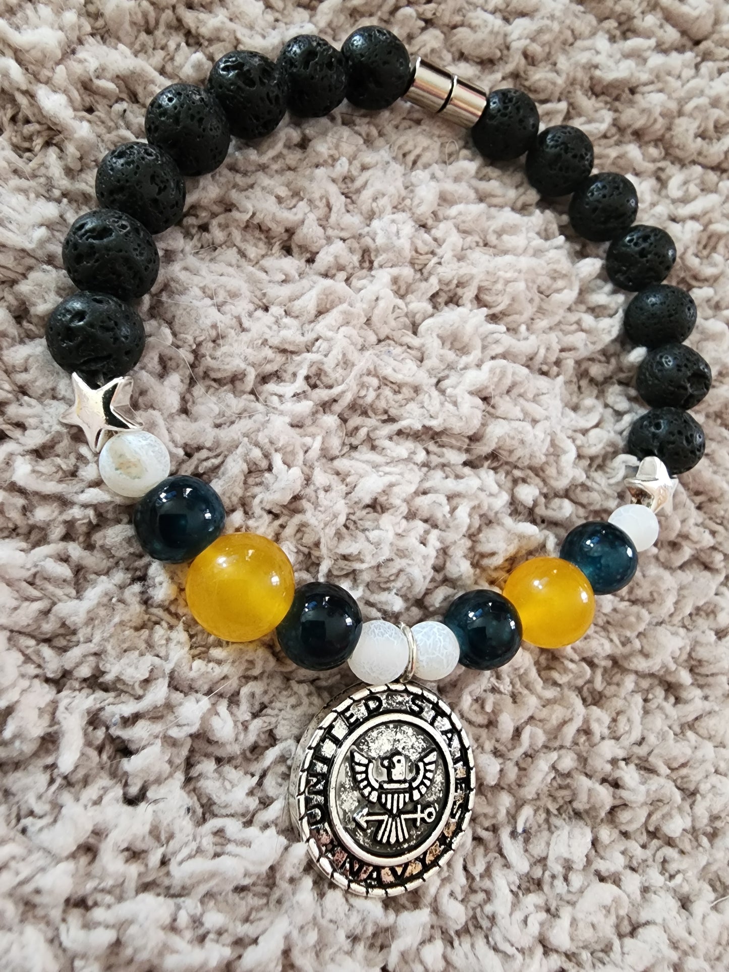 8" Navy Military Yellow Jade White Agate Black Lava Bead Bracelet with magnetic closure