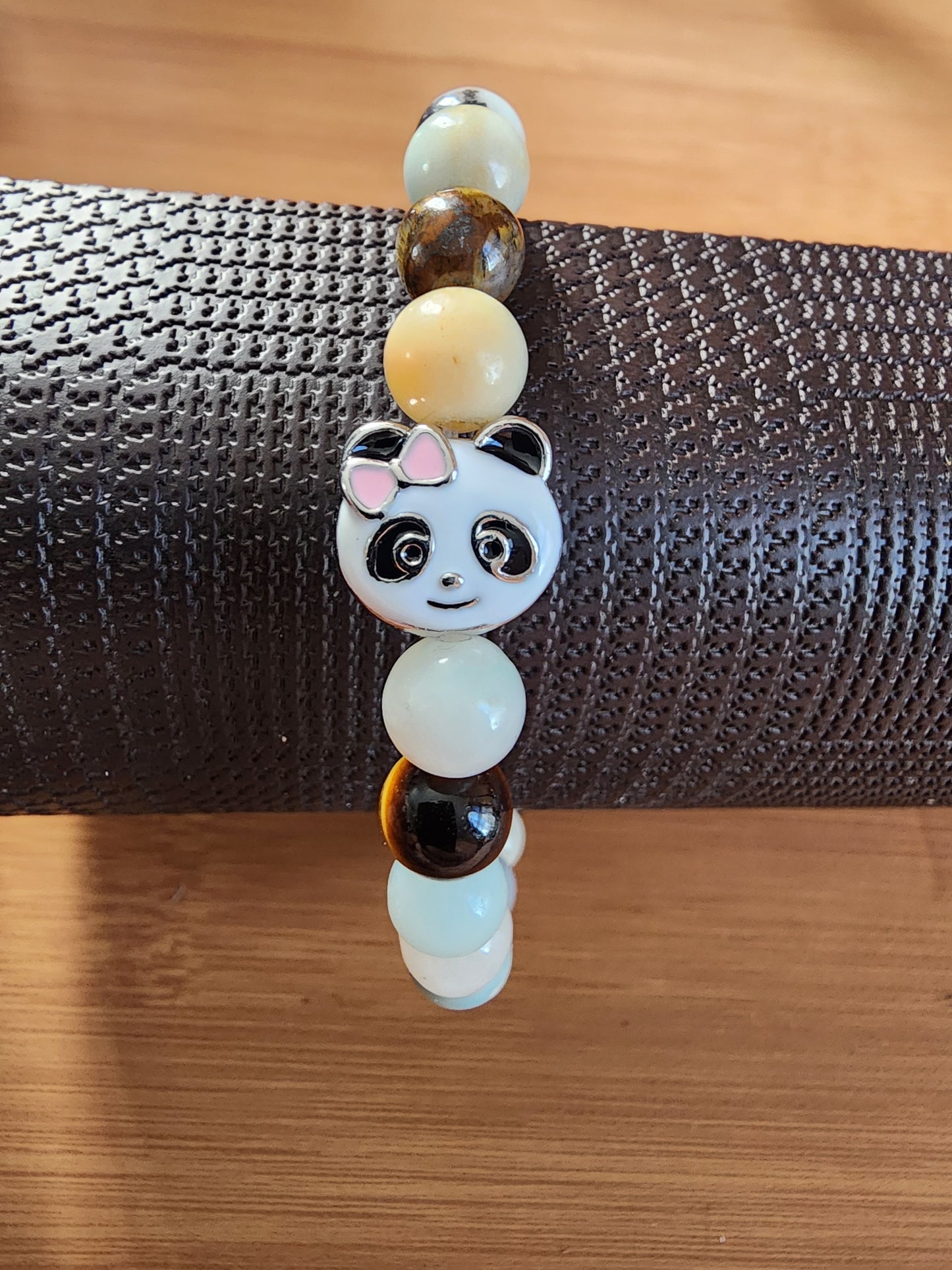 7.75" Amazonite and Wood Beaded Panda Bear Hematite Magnetic Closure Bracelet