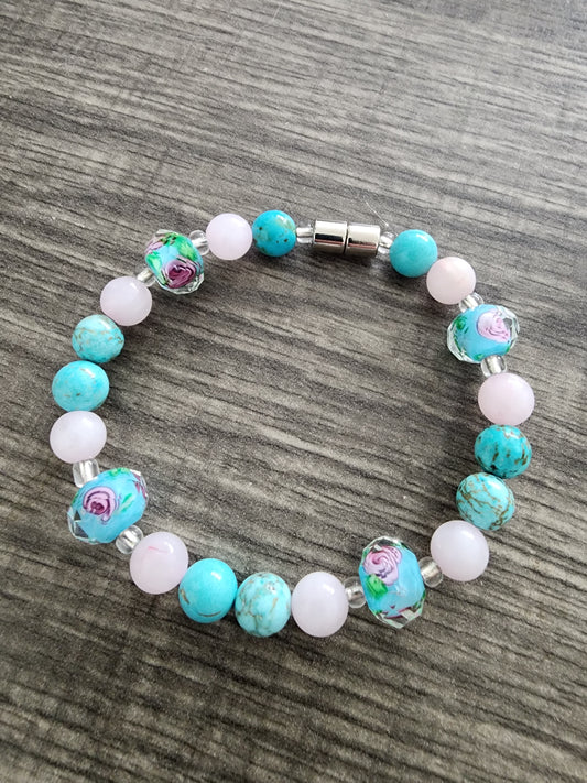 8" Rose Quartz and Turquoise Bracelet