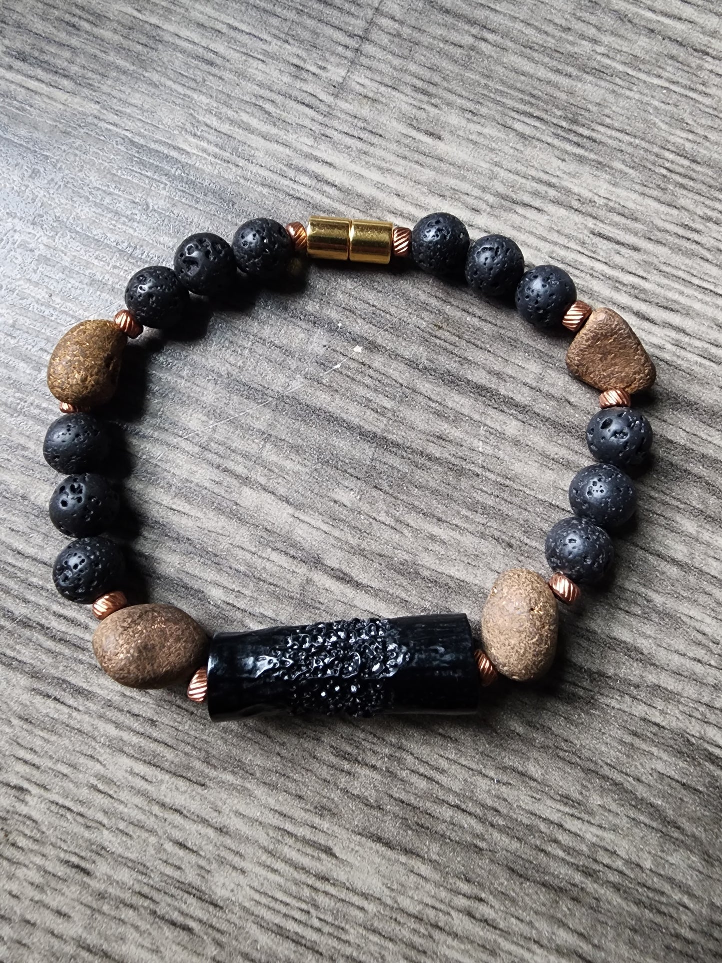 8.25" Brown Agate Black Lava Stone Bracelet