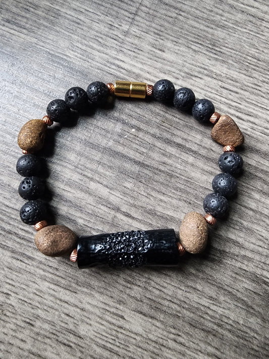 8.25" Brown Agate Black Lava Stone Bracelet