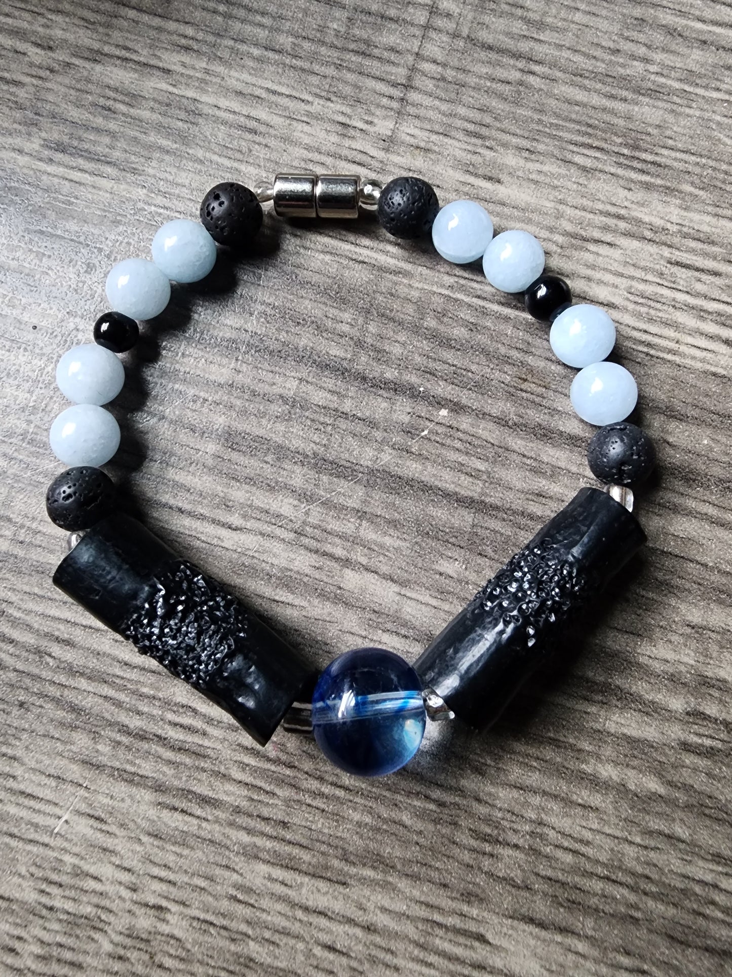 8.5" Aquamarine, Black Lava Stone, Blue and Silver Accented Bracelet