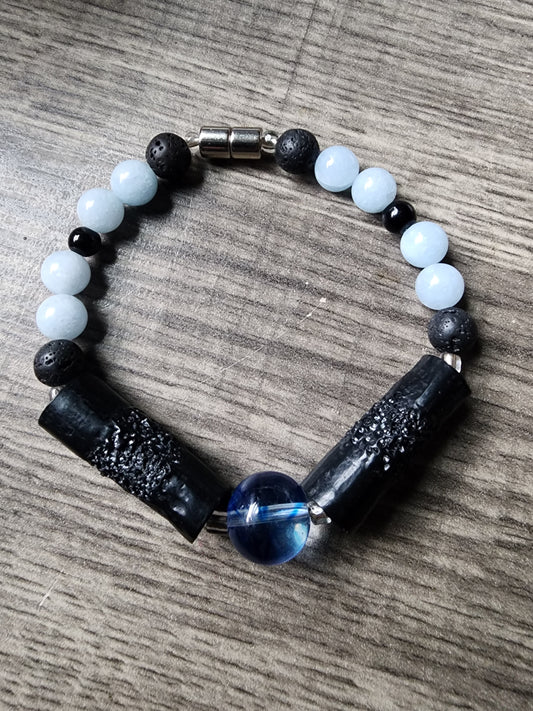 8.5" Aquamarine, Black Lava Stone, Blue and Silver Accented Bracelet