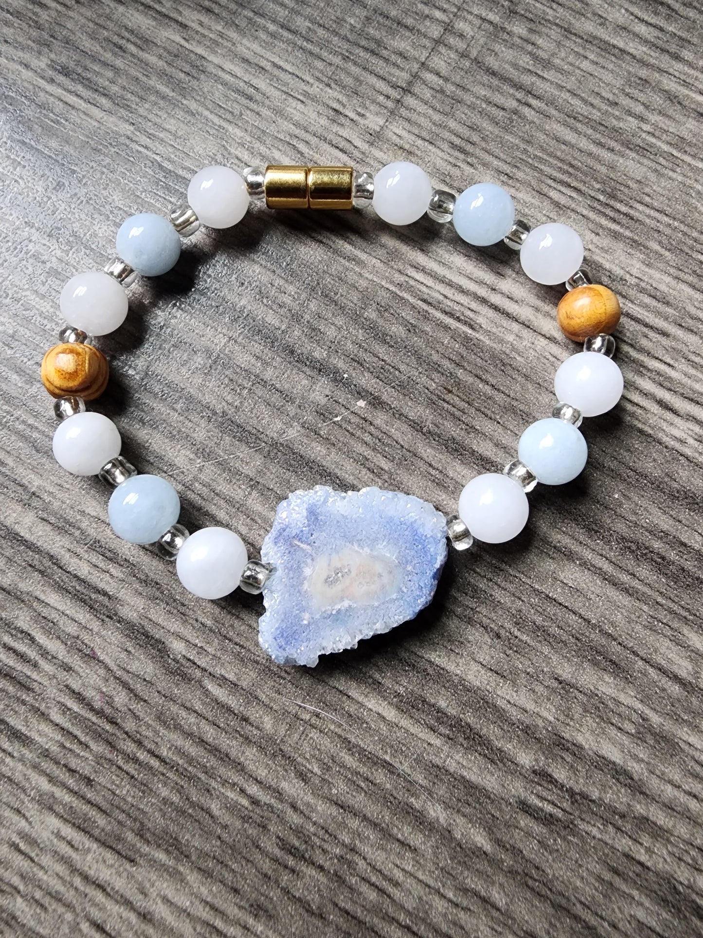 7.5" Blue Agate, Aquamarine, White Jade Bracelet with Wood Bead Accents