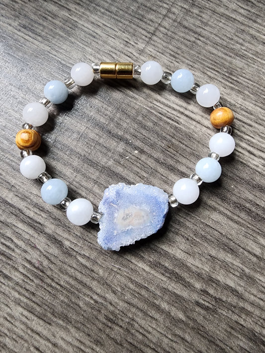 7.5" Blue Agate, Aquamarine, White Jade Bracelet with Wood Bead Accents