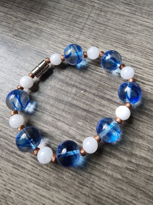 8" White Jade Bracelet with Crystal Ball Translucent Blue and Copper Accents