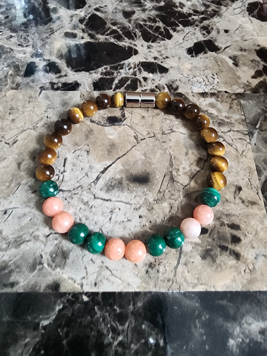 7.5" Orange Calcite, Malachite and Tiger Eye Bracelet