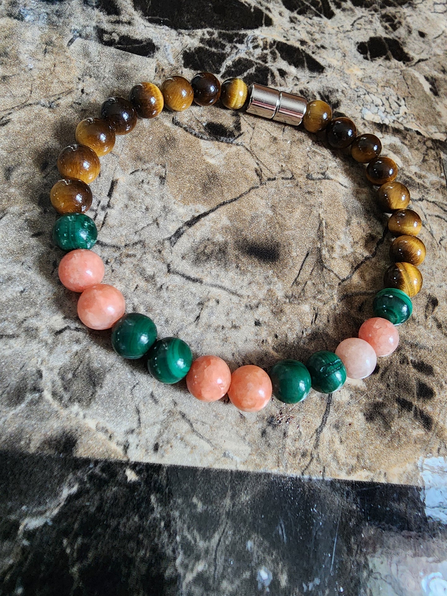 7.5" Orange Calcite, Malachite and Tiger Eye Bracelet
