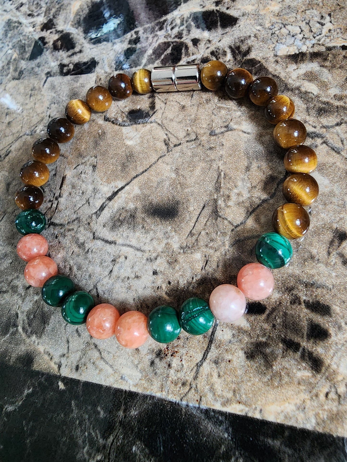 7.5" Orange Calcite, Malachite and Tiger Eye Bracelet