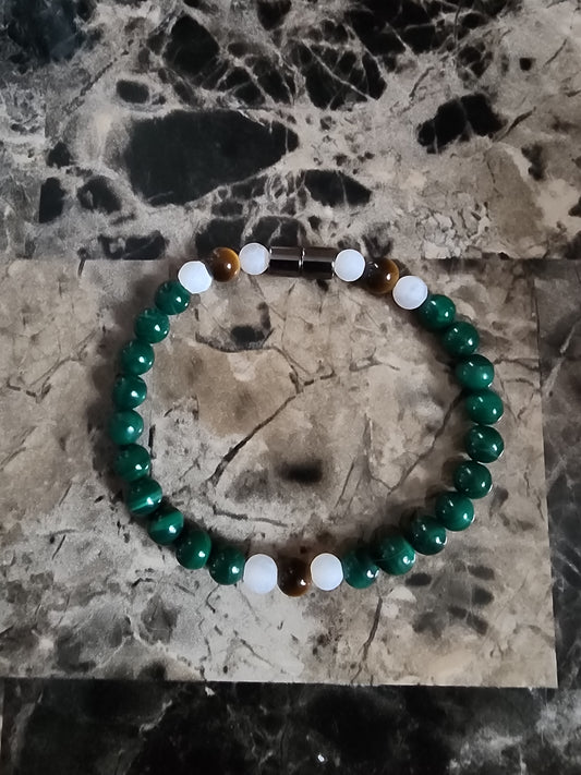 7.5" Malachite, Tiger Eye, and Crushed White Agate Bracelet