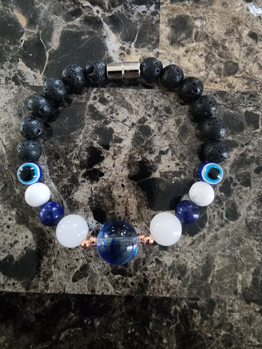 8" Crystal Ball, White Jade, Lapis Lazuli, Copper, Howlite, Evil Eye Protection, Black Lava Beads Bracelet