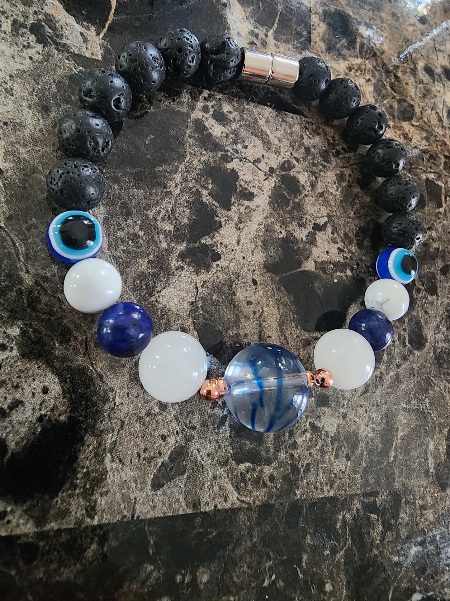8" Crystal Ball, White Jade, Lapis Lazuli, Copper, Howlite, Evil Eye Protection, Black Lava Beads Bracelet
