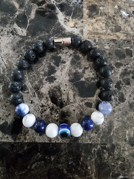 8" Sodalite, Lapis Lazuli, Howlite, Evil Eye Protection, Black Lava Beads Bracelet