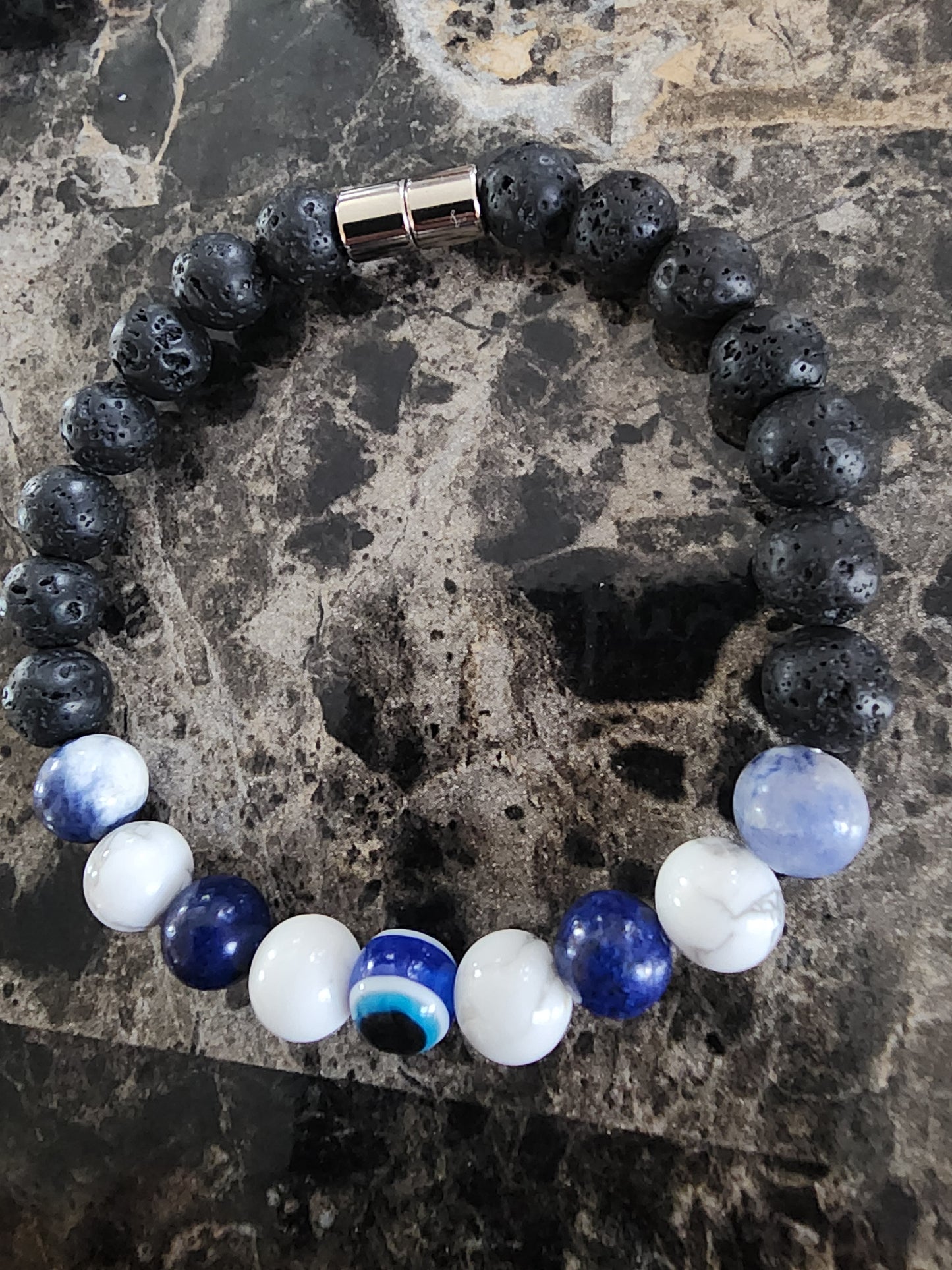 8" Sodalite, Lapis Lazuli, Howlite, Evil Eye Protection, Black Lava Beads Bracelet