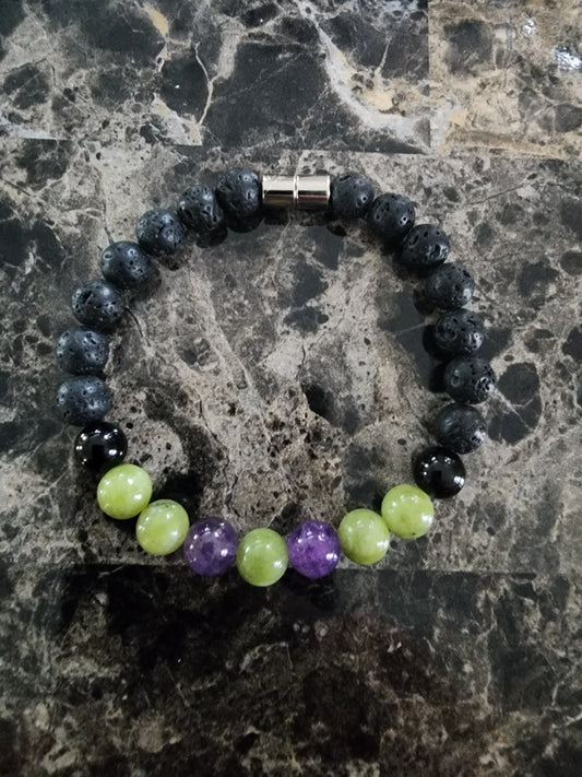 8" Green Jade, Amethyst, Black Onyx, Black Lava Stone Bracelet
