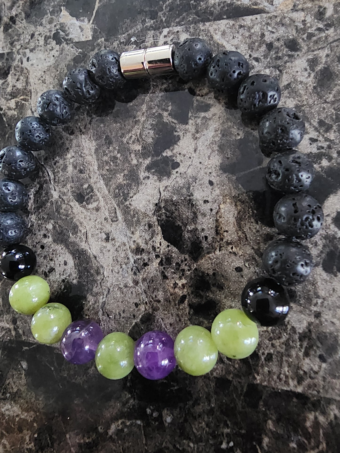 8" Green Jade, Amethyst, Black Onyx, Black Lava Stone Bracelet