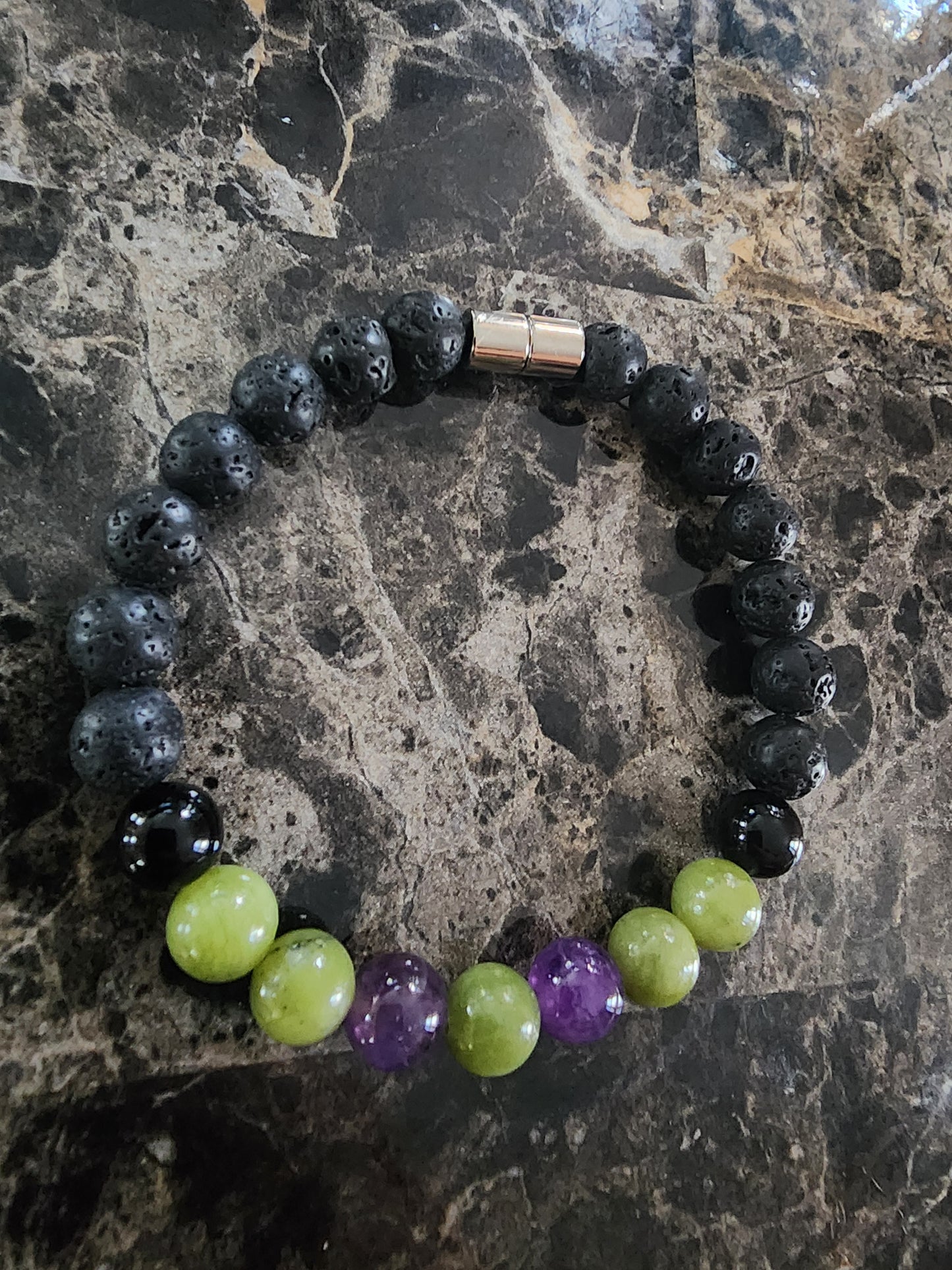 8" Green Jade, Amethyst, Black Onyx, Black Lava Stone Bracelet