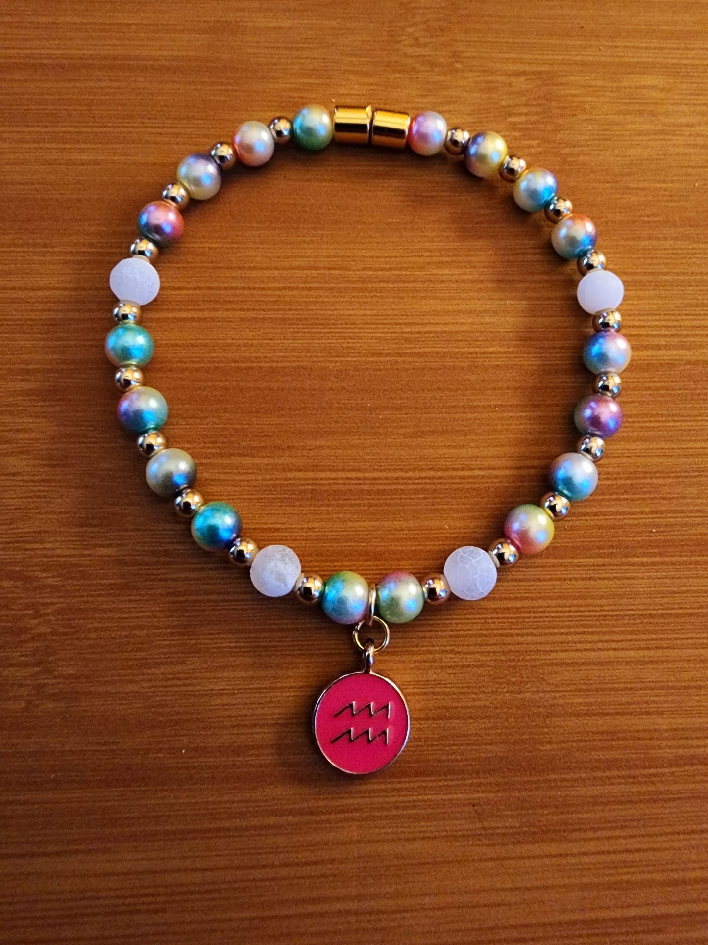Aquarius Zodiac Sign Rainbow Aura Beads White Crushed Agate 7.75" Bracelet