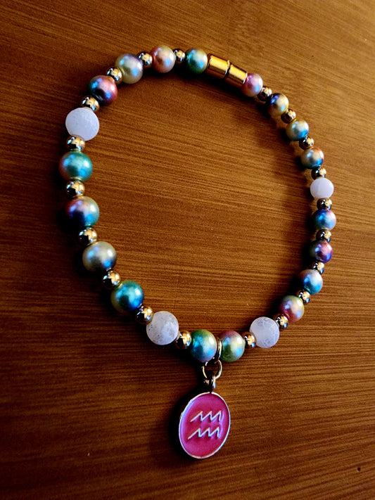 Aquarius Zodiac Sign Rainbow Aura Beads White Crushed Agate 7.75" Bracelet