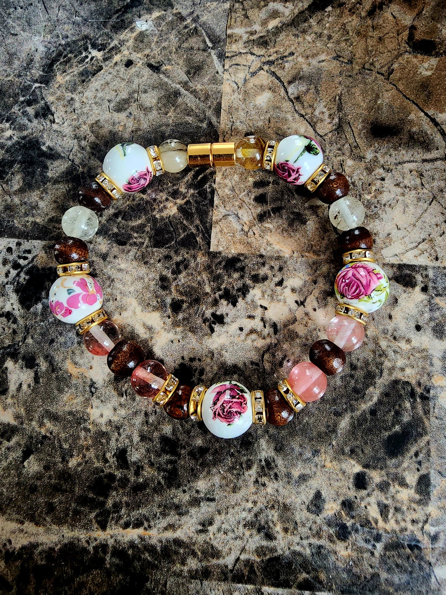 Cherry Quartz, Rose, Wood and Gold Accented Bracelet