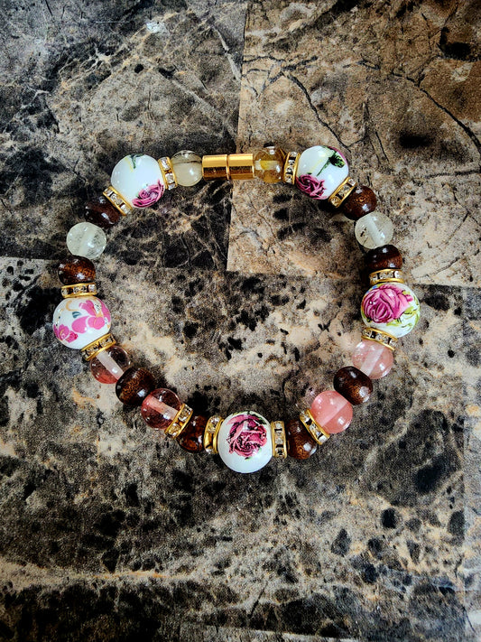 Cherry Quartz, Rose, Wood and Gold Accented Bracelet