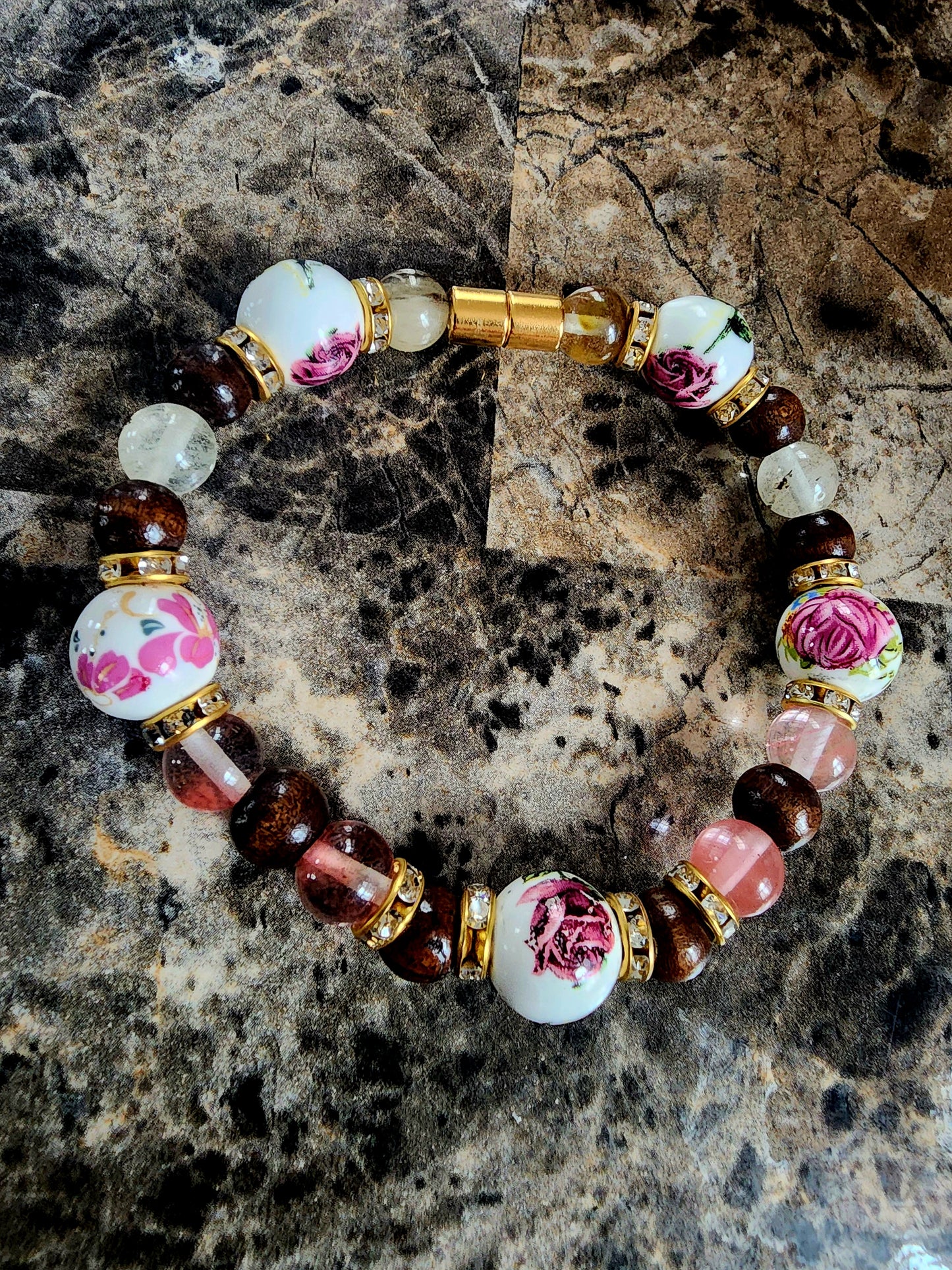 Cherry Quartz, Rose, Wood and Gold Accented Bracelet