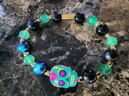 8" Green Aventurine Sugar Skull Bracelet with Aura Beads and Gold Accents