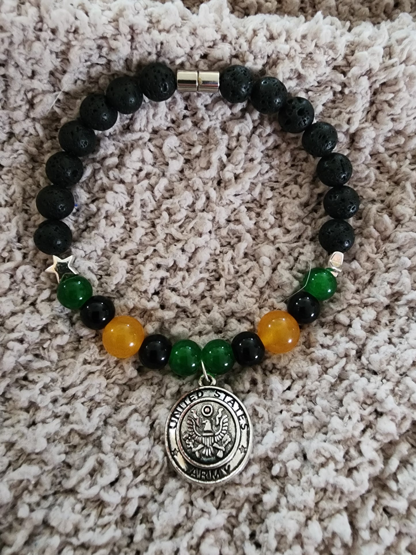 8.75" Military Army Yellow Jade Black Lava Bead Bracelet with Magnetic Closure