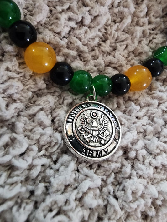 8.75" Military Army Yellow Jade Black Lava Bead Bracelet with Magnetic Closure