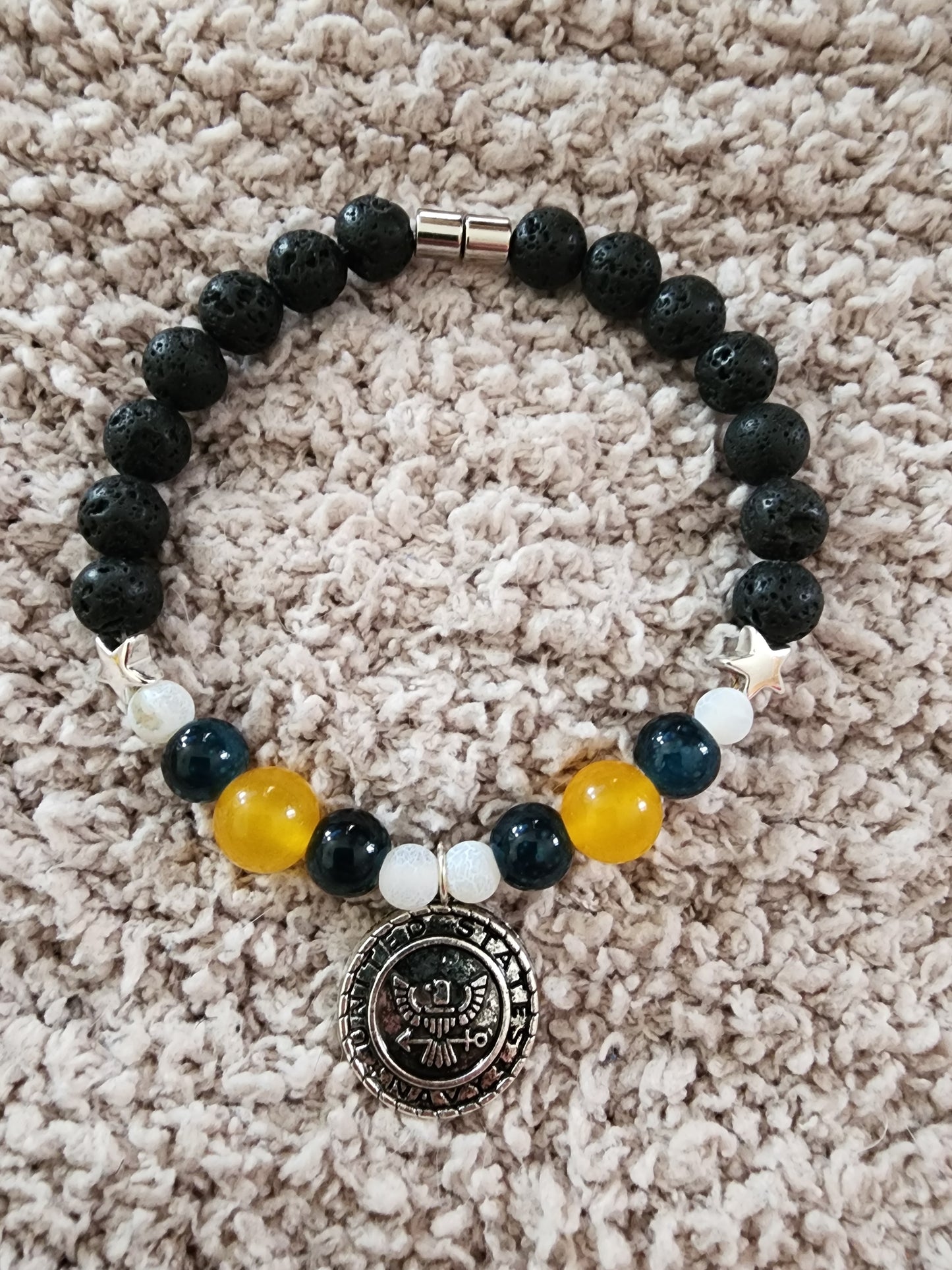 8" Navy Military Yellow Jade White Agate Black Lava Bead Bracelet with magnetic closure