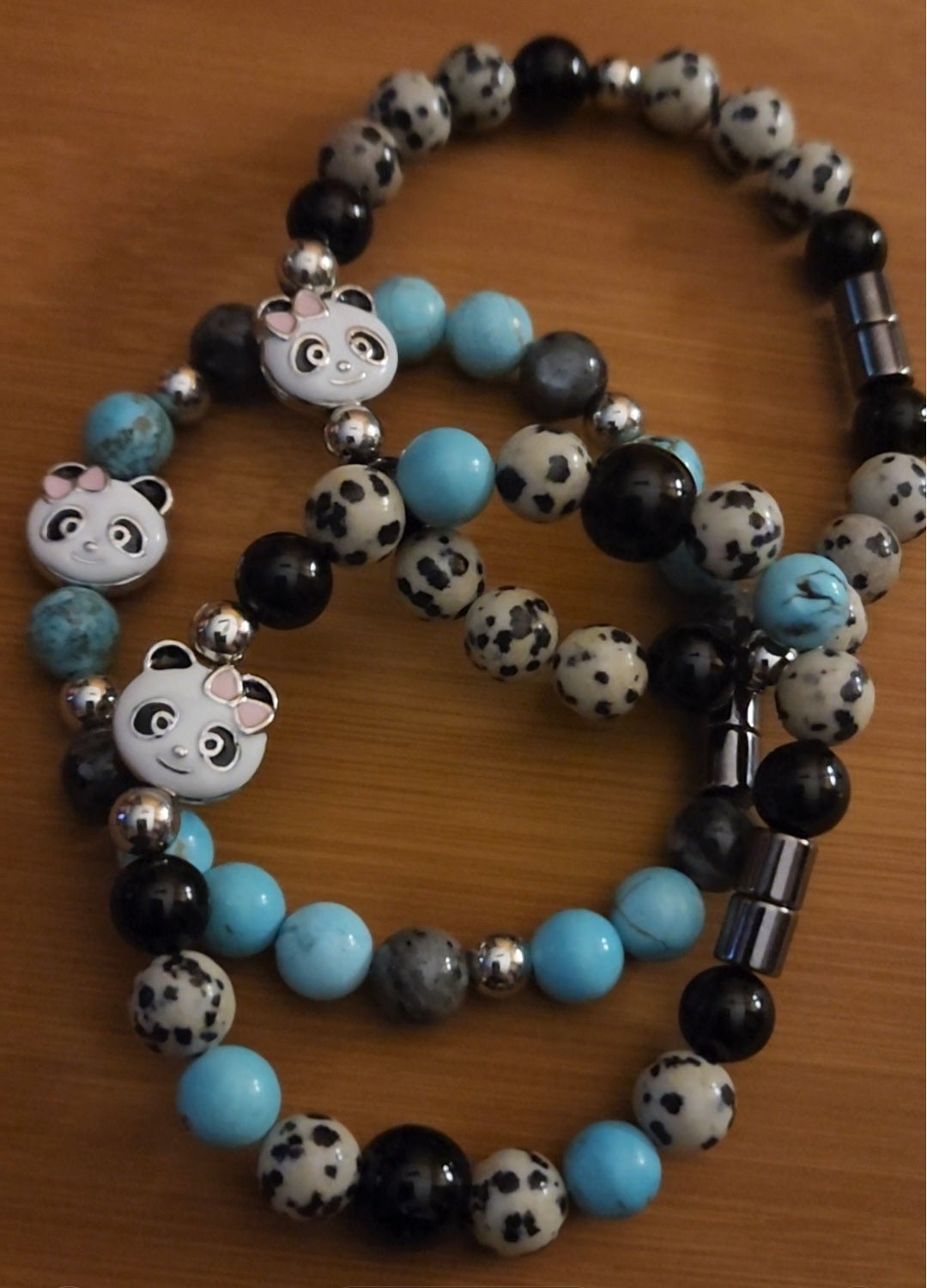 Panda Bear Bracelets Onyx Turquiose Larvakite Dalmation Jasper Hematite magnetic closure
