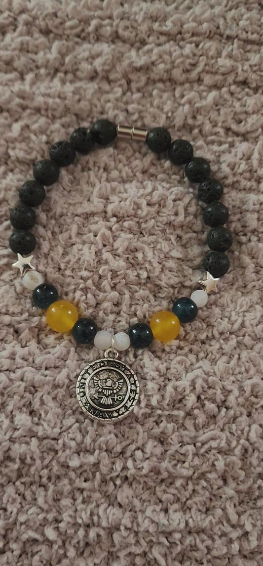 8" Navy Military Yellow Jade White Agate Black Lava Bead Bracelet with magnetic closure