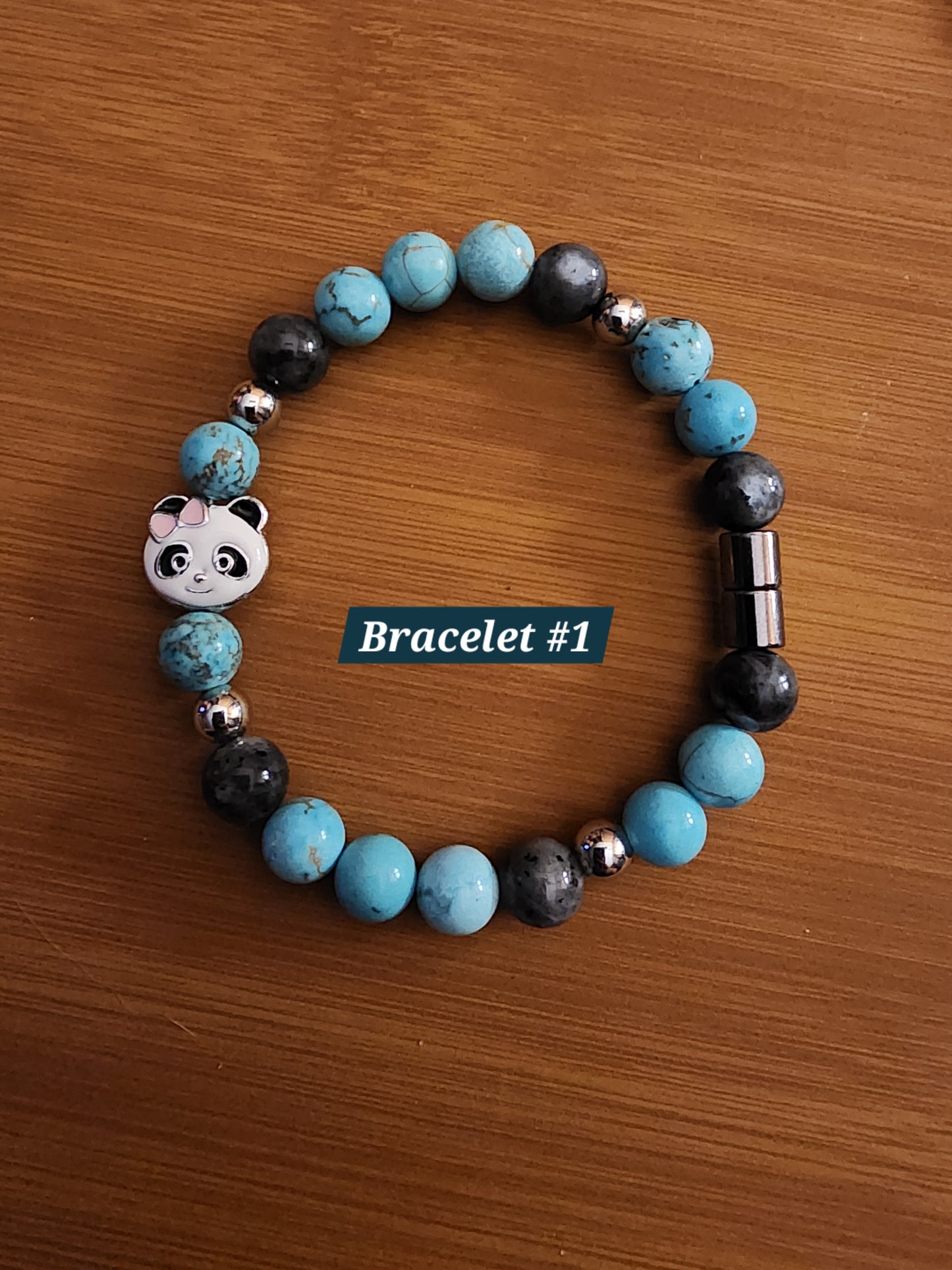 Panda Bear Bracelets Onyx Turquiose Larvakite Dalmation Jasper Hematite magnetic closure