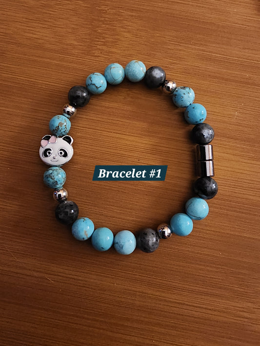 Panda Bear Bracelets Onyx Turquiose Larvakite Dalmation Jasper Hematite magnetic closure