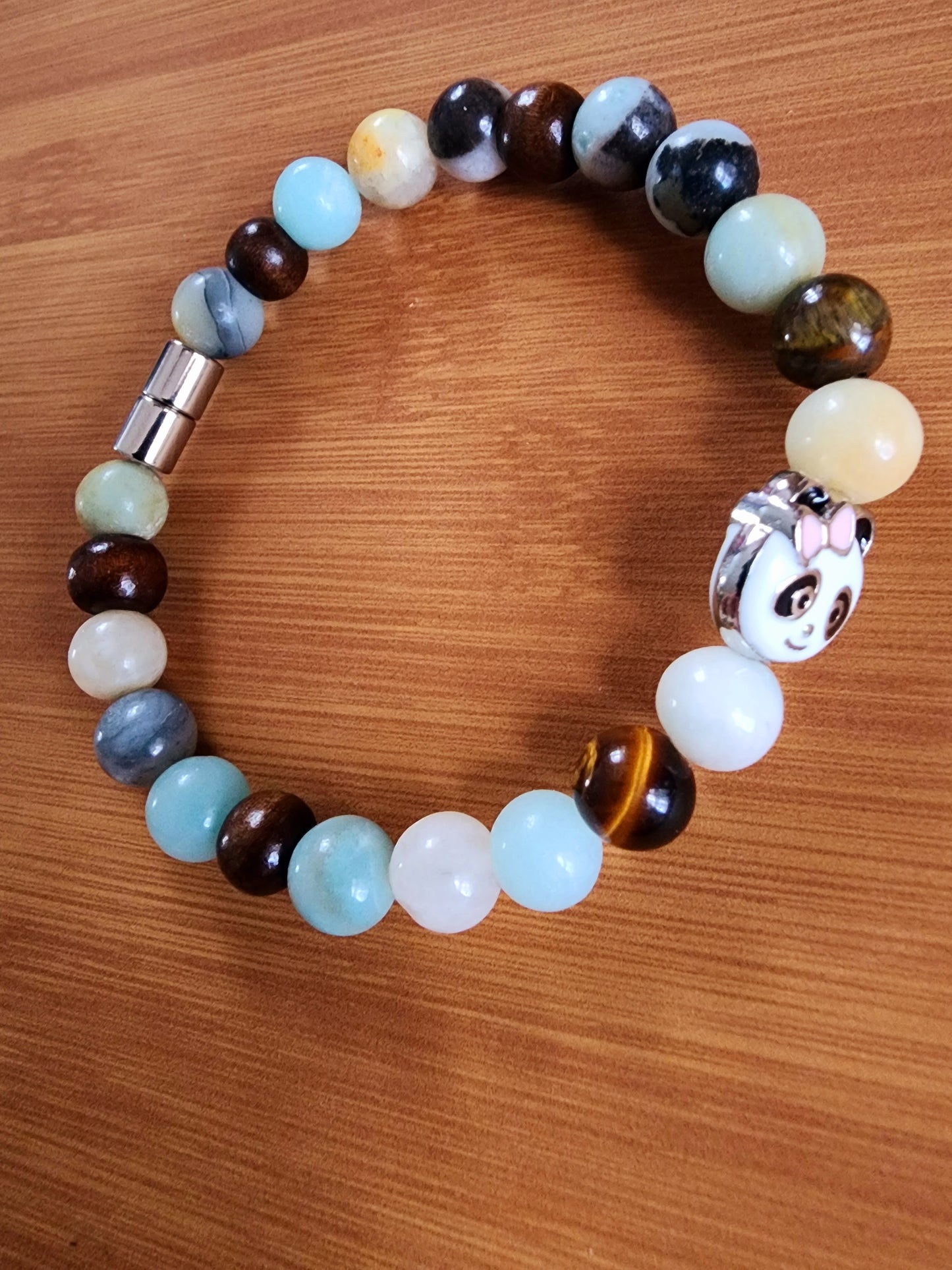 7.75" Amazonite and Wood Beaded Panda Bear Hematite Magnetic Closure Bracelet