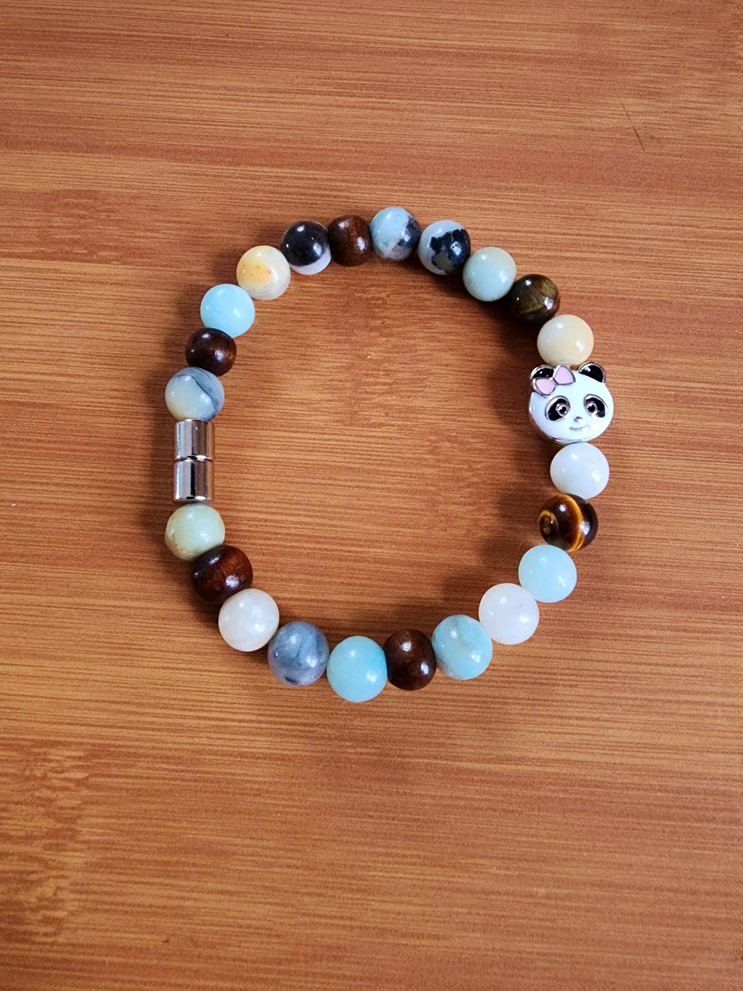 7.75" Amazonite and Wood Beaded Panda Bear Hematite Magnetic Closure Bracelet