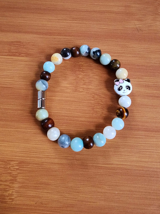 7.75" Amazonite and Wood Beaded Panda Bear Hematite Magnetic Closure Bracelet